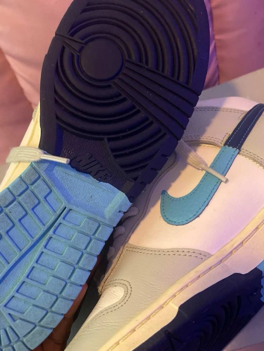 Nike Kids White Sneakers with Light Blue Swoosh and Navy Soles